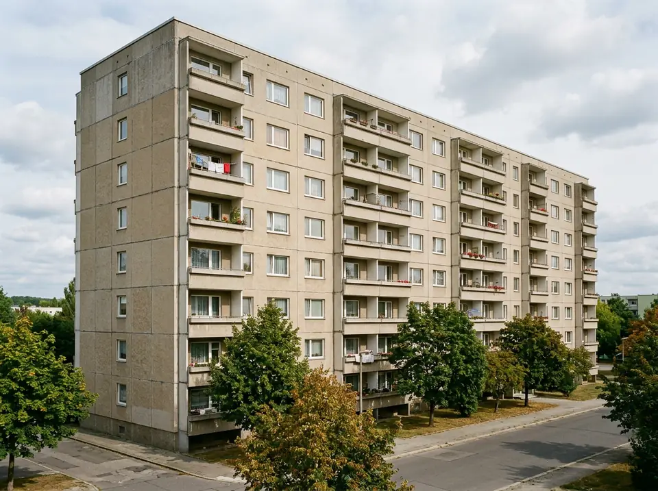 Többemeletes panelház homlokzata erkélysorokkal, nappali fényben.